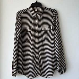 Old Navy Button Up Top Stripe Black Beige Pocket Sheer Women M Minimalist Office